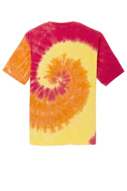 A vibrant youth tie-dye tee featuring a swirl design in pink, orange, and yellow colours. It has a logo on it.
