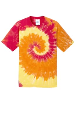 A vibrant youth tie-dye T-shirt featuring a spiral design in red, orange, and yellow colours. It has a logo on the label.