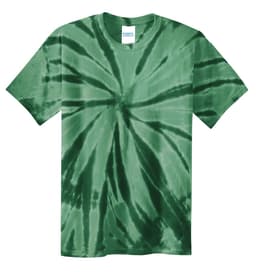 A green tie-dye youth t-shirt with a spiral pattern, featuring a logo on the label.