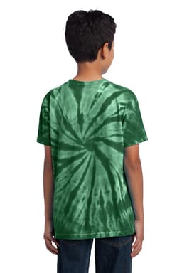 A youth tie-dye T-shirt in green with a spiral design, featuring a logo on the back.