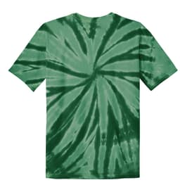 A tie-dye youth t-shirt featuring a green swirl pattern with a relaxed fit and short sleeves.