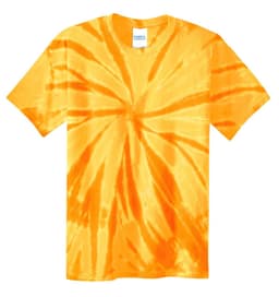 A youth tie-dye tee in vibrant shades of yellow and orange, featuring a central swirl design. The shirt has a branding label.