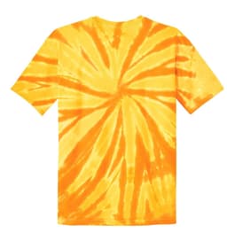 A youth tie-dye T-shirt in vibrant shades of yellow and orange, featuring a swirl pattern and short sleeves.