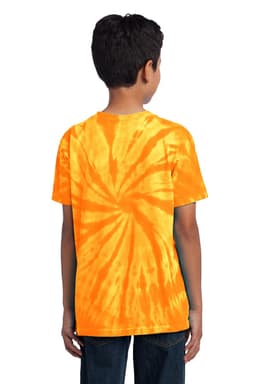 A youth t-shirt in vibrant orange tie-dye pattern, featuring short sleeves and a round neckline.