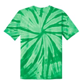 A green tie-dye youth t-shirt featuring a spiral pattern on the back and short sleeves. It has a logo.