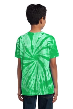 A youth tie-dye T-shirt featuring a spiral pattern in shades of green, shown from the back. It has a logo on it.
