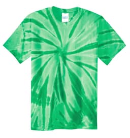 A green tie-dye youth t-shirt featuring a spiral pattern and including a logo on the label.