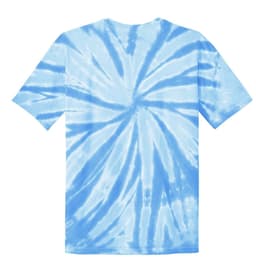 A light blue tie-dye youth t-shirt with a spiral pattern and short sleeves. The design features varying shades of blue.