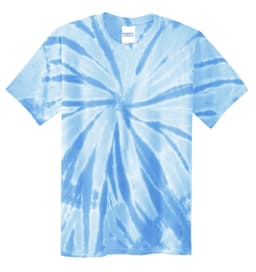 A blue tie-dye youth T-shirt with a spiral pattern, featuring a label with branding.