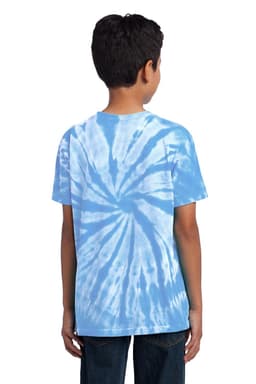 A youth T-shirt in various shades of blue featuring a tie-dye spiral pattern, with a logo on the back.