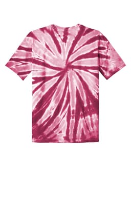 A youth tie-dye tee in shades of pink with a spiral pattern on the back. It has a logo on the fabric.