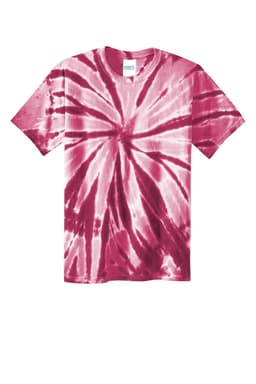 A youth tie-dye tee in shades of pink with a spiral pattern, featuring a logo at the neckline.