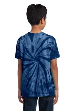 A youth tie-dye tee featuring a blue spiral design, displayed from the back. The shirt has a logo on it.