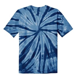 A blue tie-dye youth t-shirt featuring a spiral pattern and short sleeves, with a logo on the back.