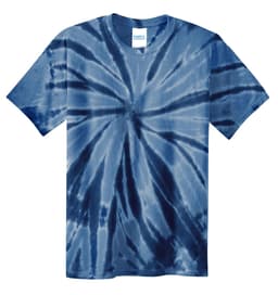 A blue tie-dye youth T-shirt featuring a spiral pattern and a logo on the label.