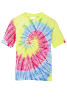 A youth tie-dye tee featuring vibrant yellow, pink, and blue swirls. The shirt has a logo on the tag.