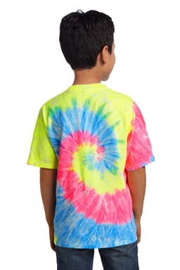 A youth tie-dye tee featuring vibrant yellow, pink, and blue spiral patterns, with a logo on the back.