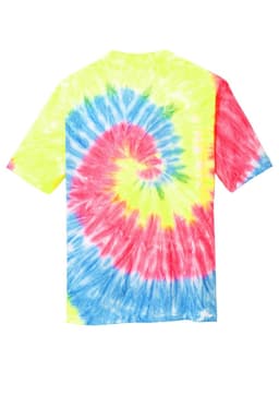 A vibrant youth tie-dye tee featuring swirls of yellow, pink, and blue, with a branding logo on the shirt.