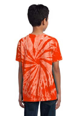 A youth tie-dye T-shirt in orange with a spiral pattern, featuring a logo on the back.