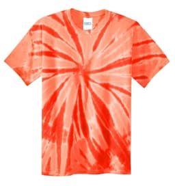 A youth tie-dye T-shirt in vibrant shades of orange, featuring a swirled pattern and a label at the neckline.