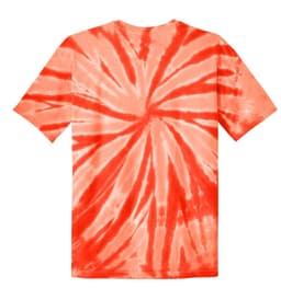 A youth tie-dye t-shirt in shades of coral and orange, featuring a spiral pattern and short sleeves.