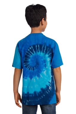 A youth tie-dye tee featuring a spiral pattern in vibrant shades of blue. The shirt has a logo on it.