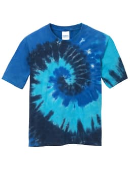 A youth tie-dye tee featuring a spiral pattern in shades of blue and turquoise, with a logo on the label.
