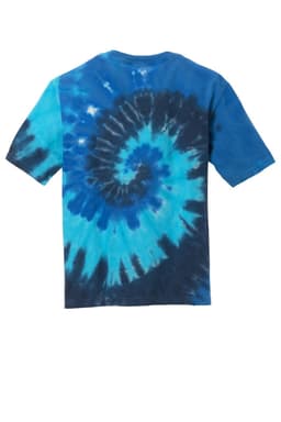 A youth tie-dye tee featuring a spiral pattern in blue and teal hues, with a logo on the garment.
