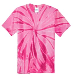 A pink tie-dye youth T-shirt featuring a spiral pattern and a label at the neckline.