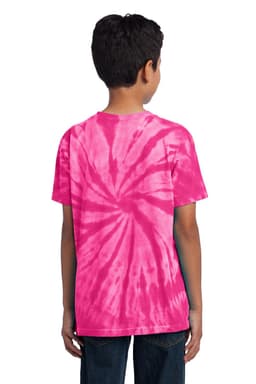 A youth tie-dye tee in vibrant shades of pink, featuring a spiral pattern, with a logo visible on the back.