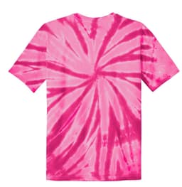 A youth tie-dye tee featuring a vibrant pink design with spiral patterns on the back. It includes branding.