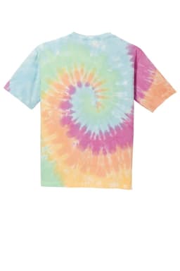 A youth tie-dye tee featuring a spiral pattern in pastel colours including blue, pink, yellow, and green.