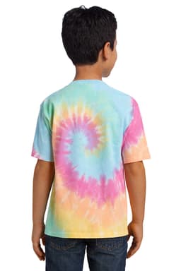 A youth tie-dye t-shirt in pastel colours featuring a spiral design on the back, with a logo present.