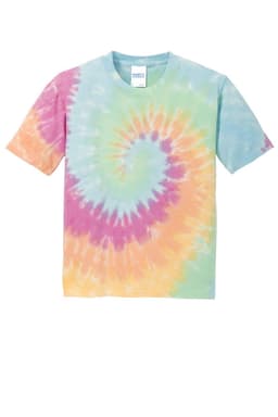 A multicoloured tie-dye youth t-shirt featuring shades of pink, blue, yellow, and green with a spiral design.