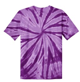 A purple tie-dye youth t-shirt with a spiral pattern and short sleeves. It features a logo on the back.