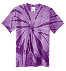 A purple tie-dye youth T-shirt featuring a spiral design and a logo on the label.