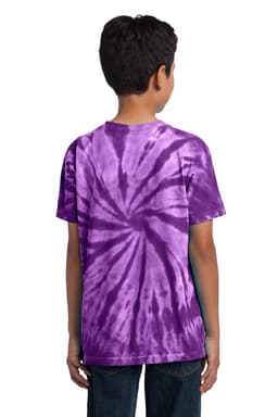 A youth tie-dye T-shirt in purple with a spiral pattern, featuring a logo. View from the back.