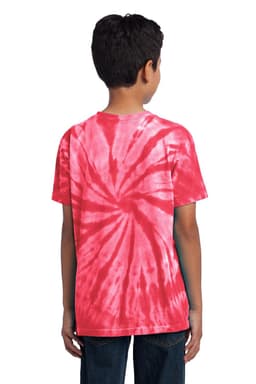 A youth tie-dye tee featuring vivid pink and red swirling patterns, designed with a round neck and short sleeves.