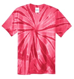 A youth tie-dye tee featuring a vibrant red swirl pattern, with a label and logo at the neckline.