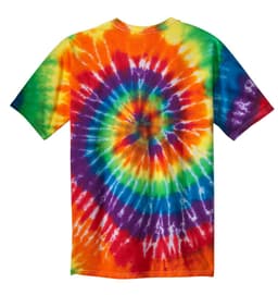 A vibrant youth tie-dye t-shirt featuring patterns in rainbow colours, including orange, blue, green, yellow, and purple.
