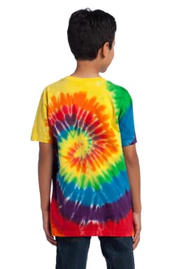 A youth tie-dye T-shirt featuring a vibrant swirl of colours including yellow, red, blue, green, and purple.