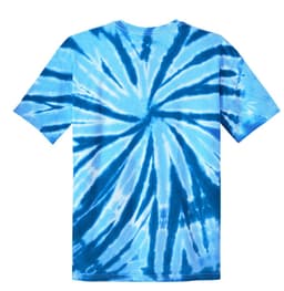 A youth tie-dye T-shirt featuring a spiral pattern in various shades of blue. It has a logo on the back.