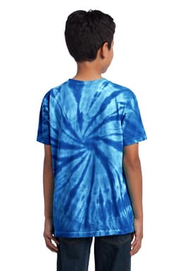A youth tie-dye tee featuring various shades of blue with a spiral pattern and a logo on the back.