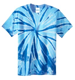 A blue and white tie-dye youth t-shirt featuring a swirling pattern and a brand label at the collar.