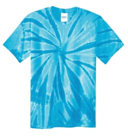A youth tie-dye tee in vibrant shades of blue, featuring a spiral pattern and a brand logo on the neckline.