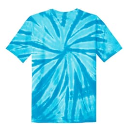 A youth tie-dye tee in bright blue with a spiral pattern and short sleeves. The shirt features a logo.