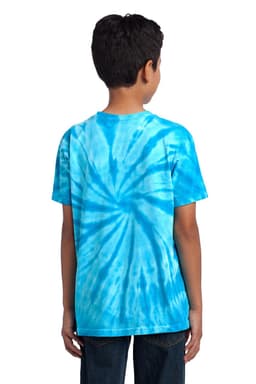 A youth tie-dye tee in various shades of blue, featuring a spiral pattern and a logo on the back.