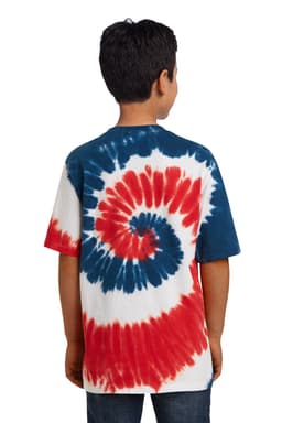 A youth tie-dye tee featuring a swirl pattern in red, white, and blue colours, with a logo on the back.