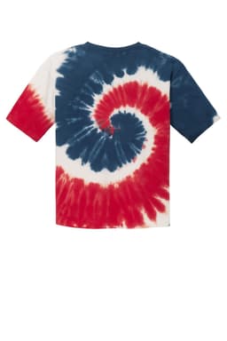 A youth tie-dye T-shirt featuring a spiral pattern in red, white, and blue colours with a short sleeve design.