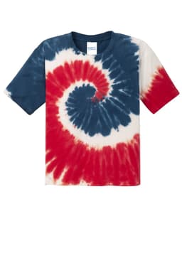 A tie-dye youth T-shirt featuring red, white, and blue spiral patterns with a logo on the neckline.